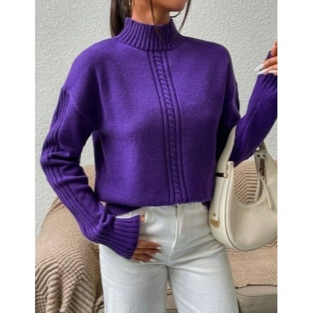 Casual Purple Round Neck Pullovers Cable kint